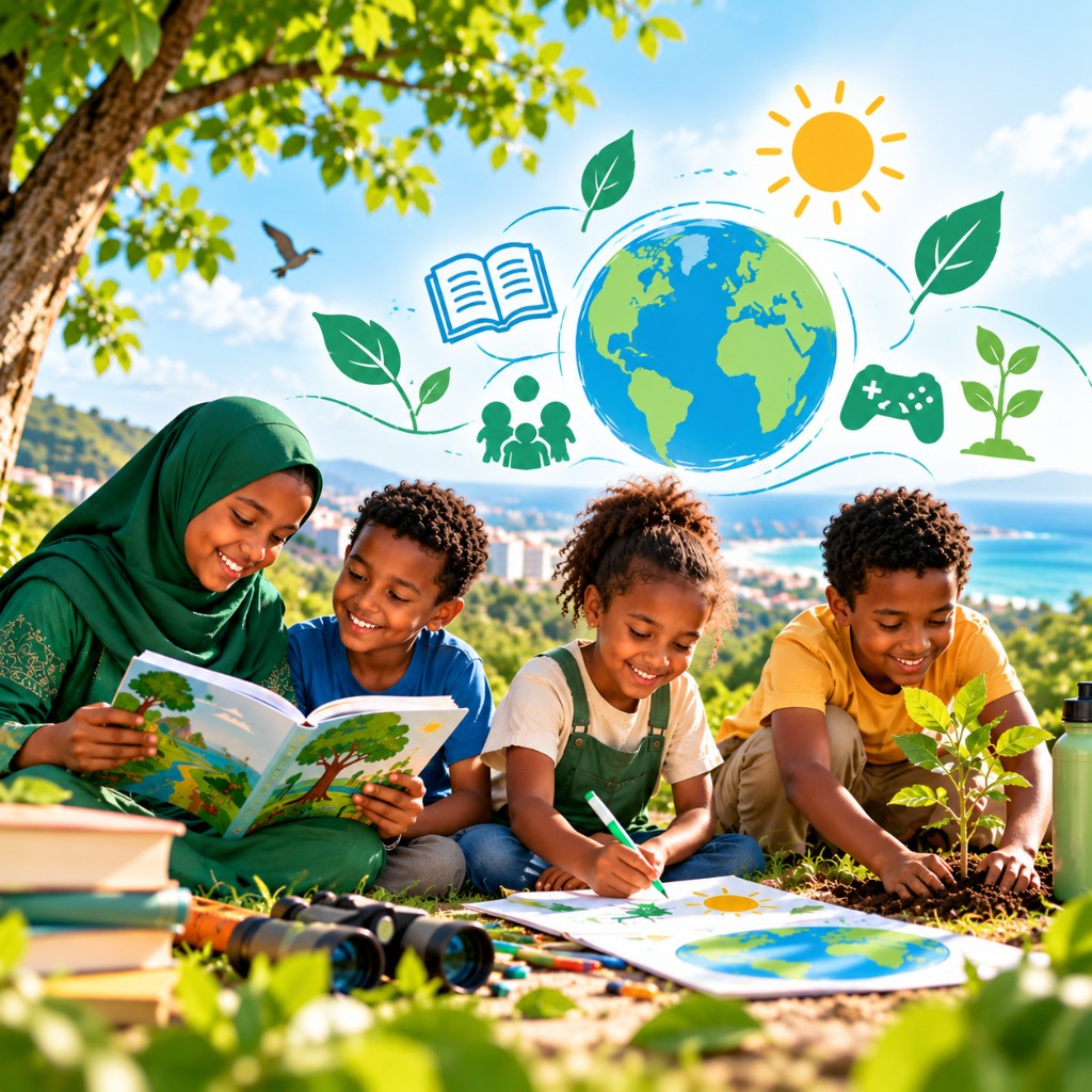 Children learning outdoors through stories, creativity, and environmental action