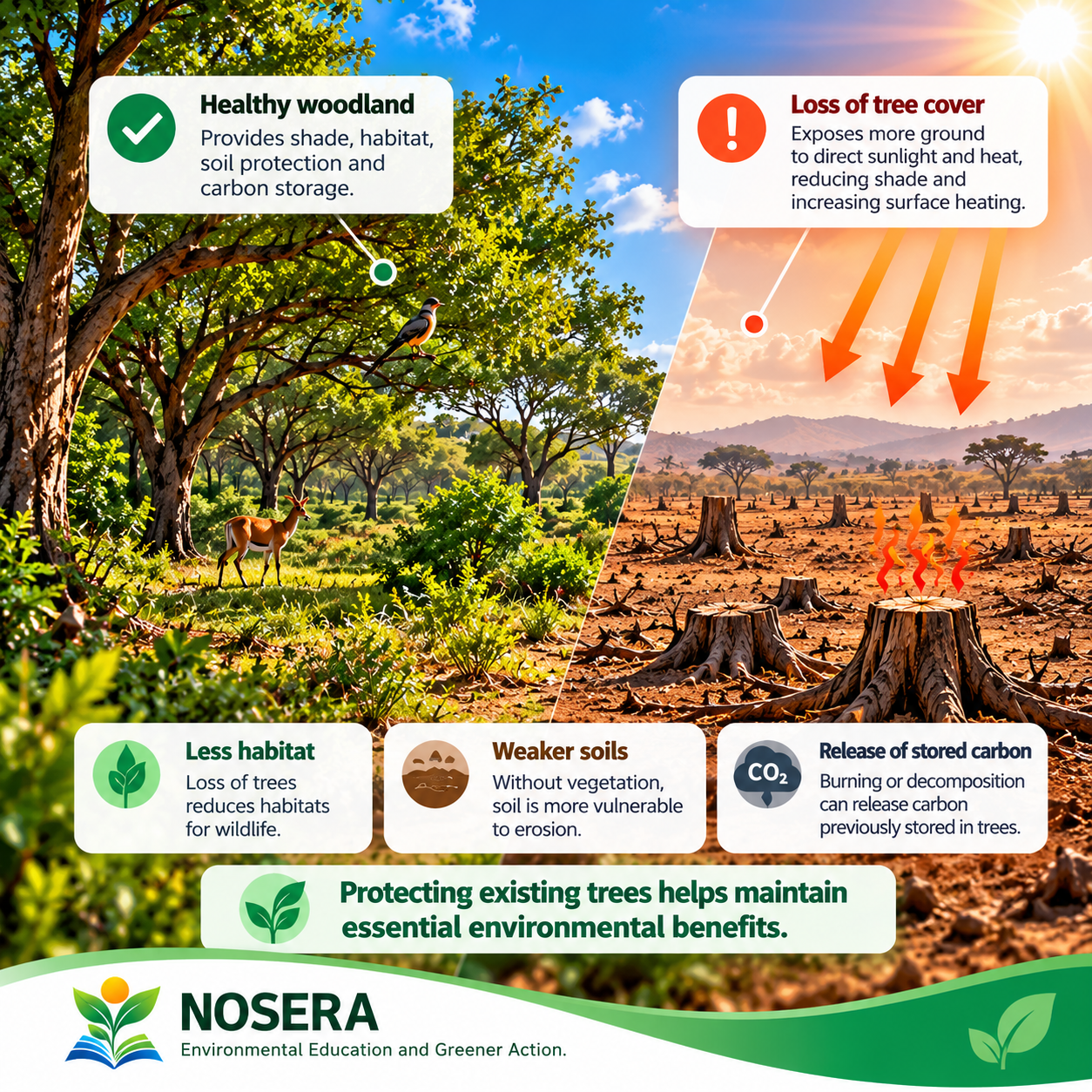 A comparison of healthy woodland and the environmental effects of losing tree cover, including habitat loss, weaker soils, and stored carbon release.